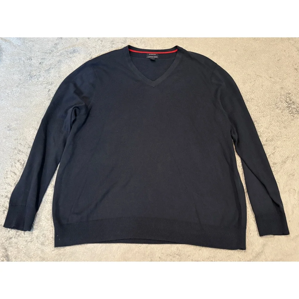 Lands End Mens 2XL Tall Navy Blue Supima Cotton V-Neck Sweater 50-52 Tall